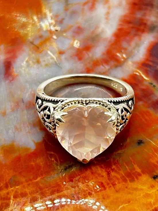 Sterling Silver Rose Quartz heart Ring - Size 9 - Picture 2 of 7